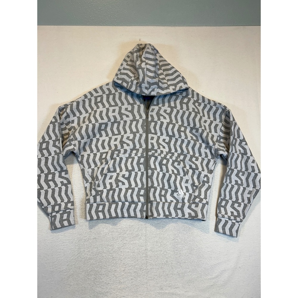 Adidas Women Grey White Geometric Monogram Full Zip Cropped Hoodie FL4225 Medium